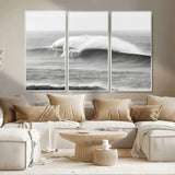 42544082-MGV-FC-48X32-3P_White-Monochrome Seascape Wall Art Canvas Print, Framed Surf Wave Art Picture Print, Minimalist Ocean Perfect Moody Coastal Decor
