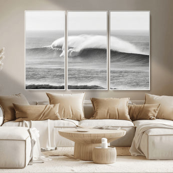 42544082-MGV-FC-48X32-3P_White-Monochrome Seascape Wall Art Canvas Print, Framed Surf Wave Art Picture Print, Minimalist Ocean Perfect Moody Coastal Decor