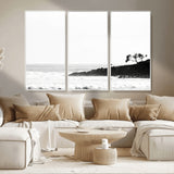 40875891-MGV-CV-36X24-SurferCliffs Wall Art Canvas Print, Framed Black White Beach Art Picture Print, Ocean Waves Perfect Minimalist Coastal Decor