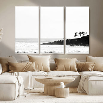 40875891-MGV-CV-36X24-SurferCliffs Wall Art Canvas Print, Framed Black White Beach Art Picture Print, Ocean Waves Perfect Minimalist Coastal Decor