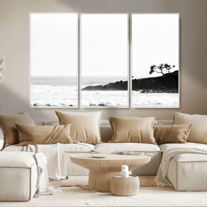 40875891-MGV-CV-36X24-SurferCliffs Wall Art Canvas Print, Framed Black White Beach Art Picture Print, Ocean Waves Perfect Minimalist Coastal Decor