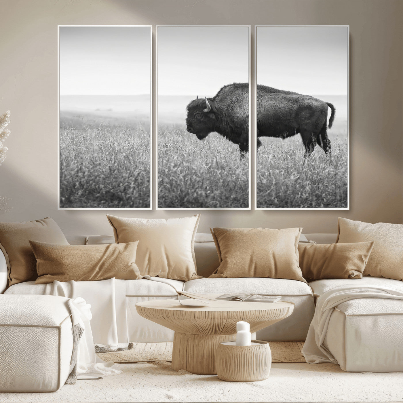 28435251-MGV-CV-36X24-Bison In Prairie Wall Art Canvas Print, Framed Rustic Wildlife Art Picture Print, Wild Buffalo Perfect Rustic Western Decor