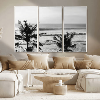 17508038-MGV-CV-36X24-Tropical Coastline Wall Art Canvas Print, Framed Palm Trees Art Picture Print, Ocean Waves Perfect Minimalist Coastal Decor