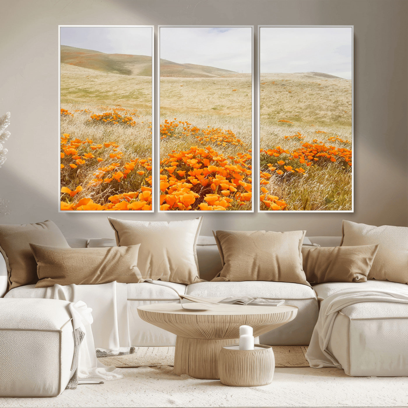 28972262-MGV-CV-36X24-Golden Wildflowers Wall Art Canvas Print, Framed Hills Bloom Art Picture Print, Poppy Meadow Perfect Rustic Nature Decor Artwork