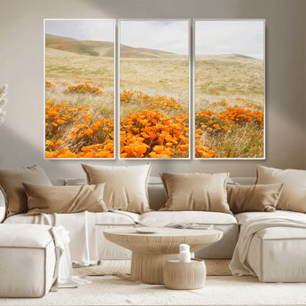 28972262-MGV-CV-36X24-Golden Wildflowers Wall Art Canvas Print, Framed Hills Bloom Art Picture Print, Poppy Meadow Perfect Rustic Nature Decor Artwork