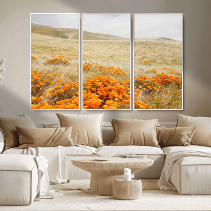 28972262-MGV-CV-36X24-Golden Wildflowers Wall Art Canvas Print, Framed Hills Bloom Art Picture Print, Poppy Meadow Perfect Rustic Nature Decor Artwork