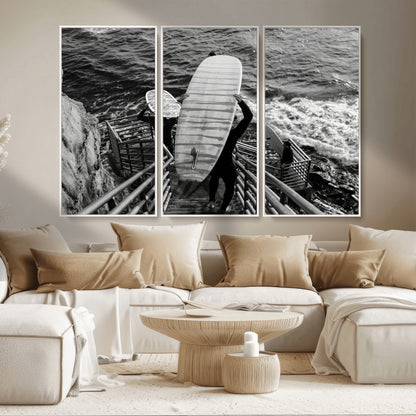 32353707-MGV-CV-36X24-Black White Surfing Wall Art Canvas Print, Framed Coastal Surfing Art Picture Print, Wave Riders Perfect Coastal Adventure Decor