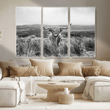24051061-MGV-CV-36X24-Monochrome Highland Cow Wall Art Canvas Print, Framed Scottish Bull Art Picture Print, Lone Cattle Perfect Rustic Farmhouse Decor