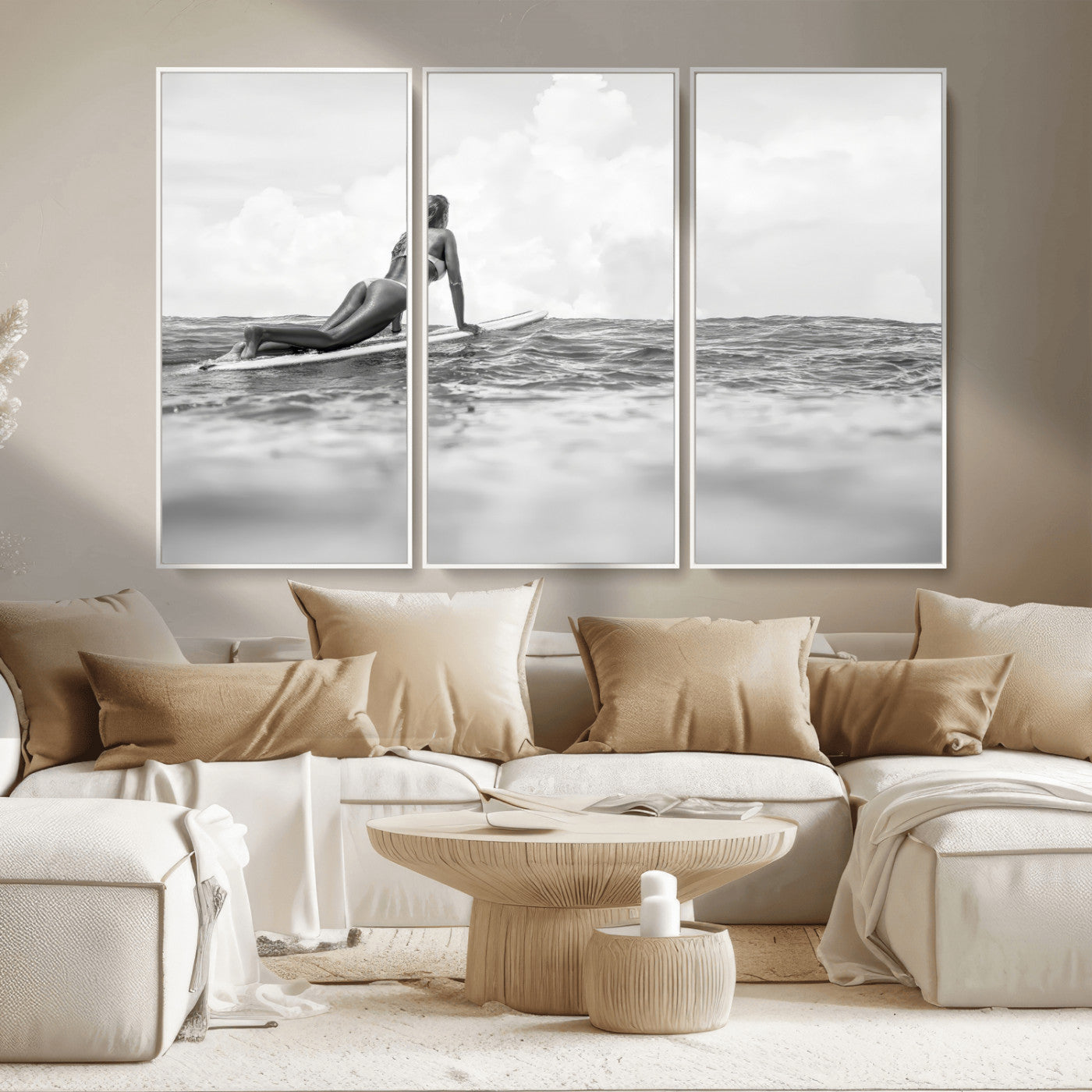 69798068-MGV-CV-36X24-Black White Surfing Wall Art Canvas Print, Framed Ocean Horizon Art Picture Print, Surfer Girl Perfect Coastal Adventure Decor