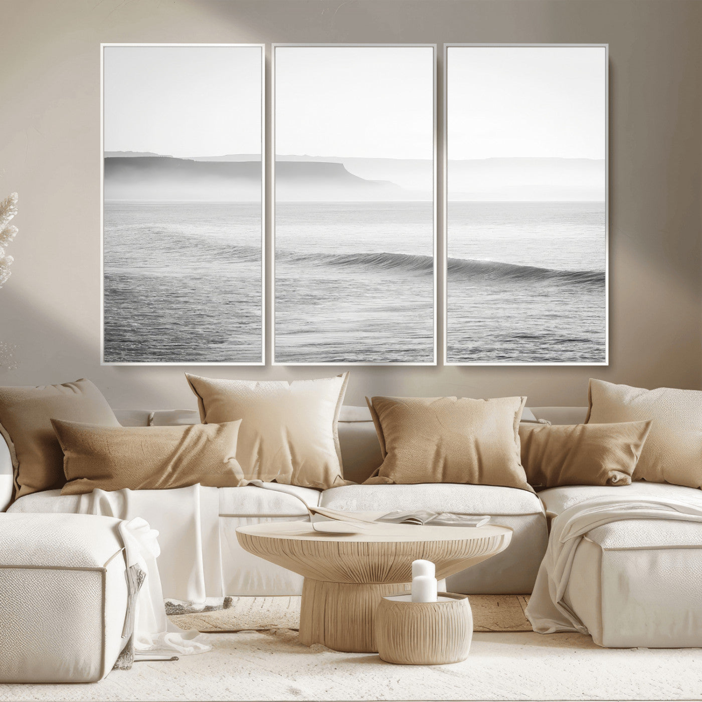 60635783-MGV-CV-36X24-Black White Seascape Wall Art Canvas Print, Framed Ocean Waves Art Picture Print, Misty Coastal Perfect Minimalist Coastal Decor