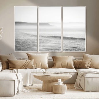 60635783-MGV-CV-36X24-Black White Seascape Wall Art Canvas Print, Framed Ocean Waves Art Picture Print, Misty Coastal Perfect Minimalist Coastal Decor