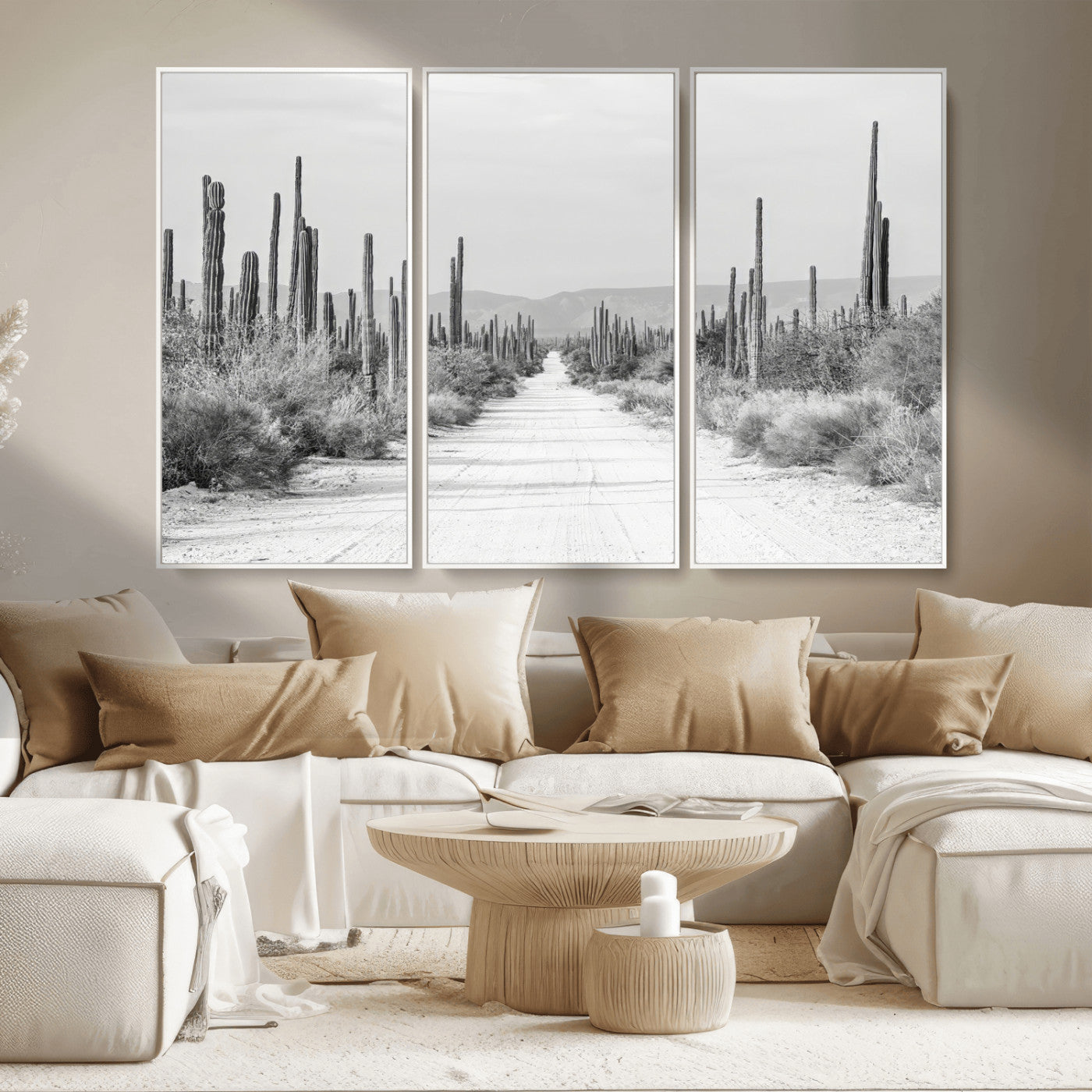 35537313-MGV-CV-36X24-Monochrome Desert Wall Art Canvas Print, Framed Cactus Path Art Picture Print, Southwestern Landscape Perfect Southwestern