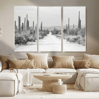35537313-MGV-CV-36X24-Monochrome Desert Wall Art Canvas Print, Framed Cactus Path Art Picture Print, Southwestern Landscape Perfect Southwestern
