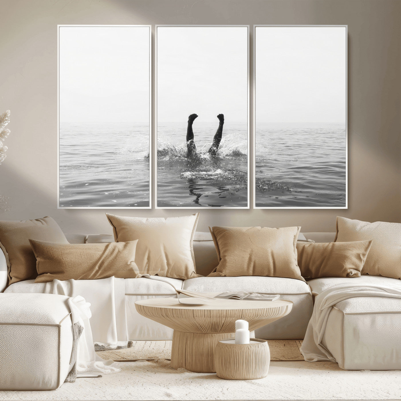 26667396-MGV-CV-36X24-Black White Ocean Wall Art Canvas Print, Framed Monochrome Water Art Picture Print, Diving into Water Perfect Minimalist Aquatic