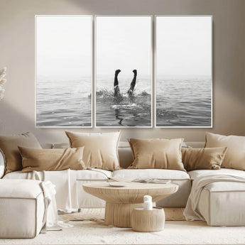 26667396-MGV-CV-36X24-Black White Ocean Wall Art Canvas Print, Framed Monochrome Water Art Picture Print, Diving into Water Perfect Minimalist Aquatic