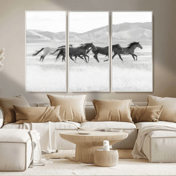 69934913-MGV-CV-36X24-Wild Horses Running Wall Art Canvas Print, Framed Black White Mustangs Art Picture Print, Rustic Western Perfect Rustic Western