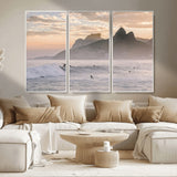 70644906-MGV-CV-36X24-Sunset Surfing Wall Art Canvas Print, Framed Misty Mountains Art Picture Print, Surfer Riding Wave Perfect Coastal Adventure Decor