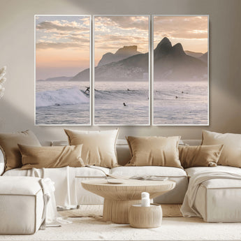 70644906-MGV-CV-36X24-Sunset Surfing Wall Art Canvas Print, Framed Misty Mountains Art Picture Print, Surfer Riding Wave Perfect Coastal Adventure Decor