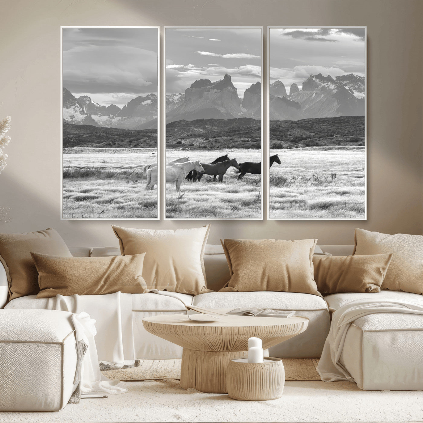 21655040-MGV-CV-36X24-Wild Horses Wall Art Canvas Print, Framed Black White Mountains Art Picture Print, Rustic Countryside Perfect Rustic Western Decor