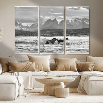 21655040-MGV-CV-36X24-Wild Horses Wall Art Canvas Print, Framed Black White Mountains Art Picture Print, Rustic Countryside Perfect Rustic Western Decor
