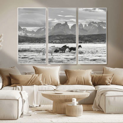 21655040-MGV-CV-36X24-Wild Horses Wall Art Canvas Print, Framed Black White Mountains Art Picture Print, Rustic Countryside Perfect Rustic Western Decor