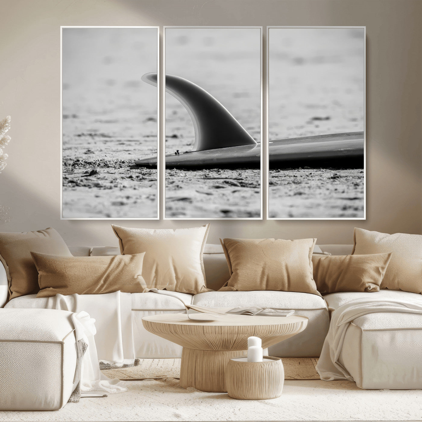 62314230-MGV-CV-36X24-Black White Surfboard Wall Art Canvas Print, Framed Minimalist Beach Art Picture Print, Surf Fin Perfect Minimalist Coastal Decor