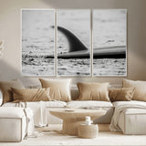 62314230-MGV-CV-36X24-Black White Surfboard Wall Art Canvas Print, Framed Minimalist Beach Art Picture Print, Surf Fin Perfect Minimalist Coastal Decor