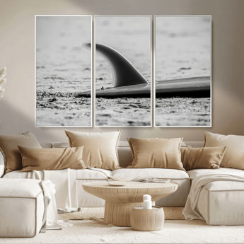 62314230-MGV-CV-36X24-Black White Surfboard Wall Art Canvas Print, Framed Minimalist Beach Art Picture Print, Surf Fin Perfect Minimalist Coastal Decor