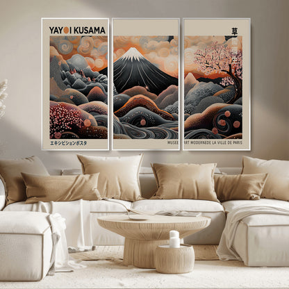 55739266-MGV-CV-36X24-Japanese Wall Art Print – Abstract Yayoi Kusama Inspired Dotted Landscape Poster, Surreal Oriental Mountain and Cherry Blossom