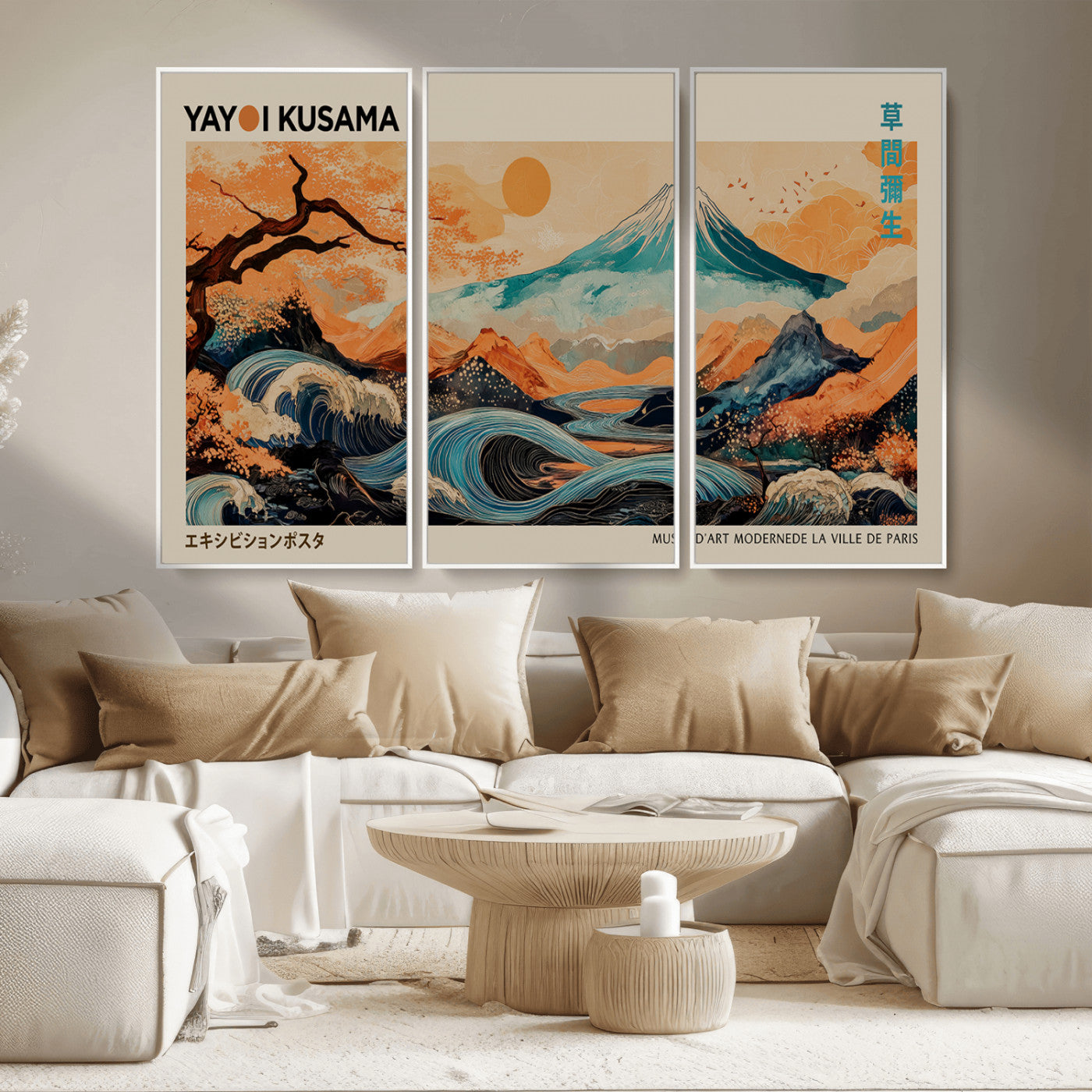 22373530-MGV-CV-36X24-Japanese Mt Fuji Wave Art Print – Ukiyo e Inspired Sun & Cherry Blossom Poster, Traditional Asian Landscape Painting, Modern