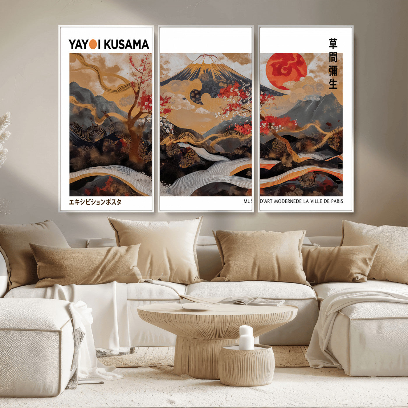 40959107-MGV-CV-36X24-Japanese Fuji Wall Art Print – Red Sun & Cherry Blossom Poster, Gold Wave Ukiyo-e Inspired Modern Japan Landscape Painting,