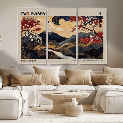 54967195-MGV-CV-36X24-Mount Fuji Wall Art – Japanese Cherry Blossom Abstract Canvas Print, Navy Gold Landscape Painting, Oriental Luxury Home Decor