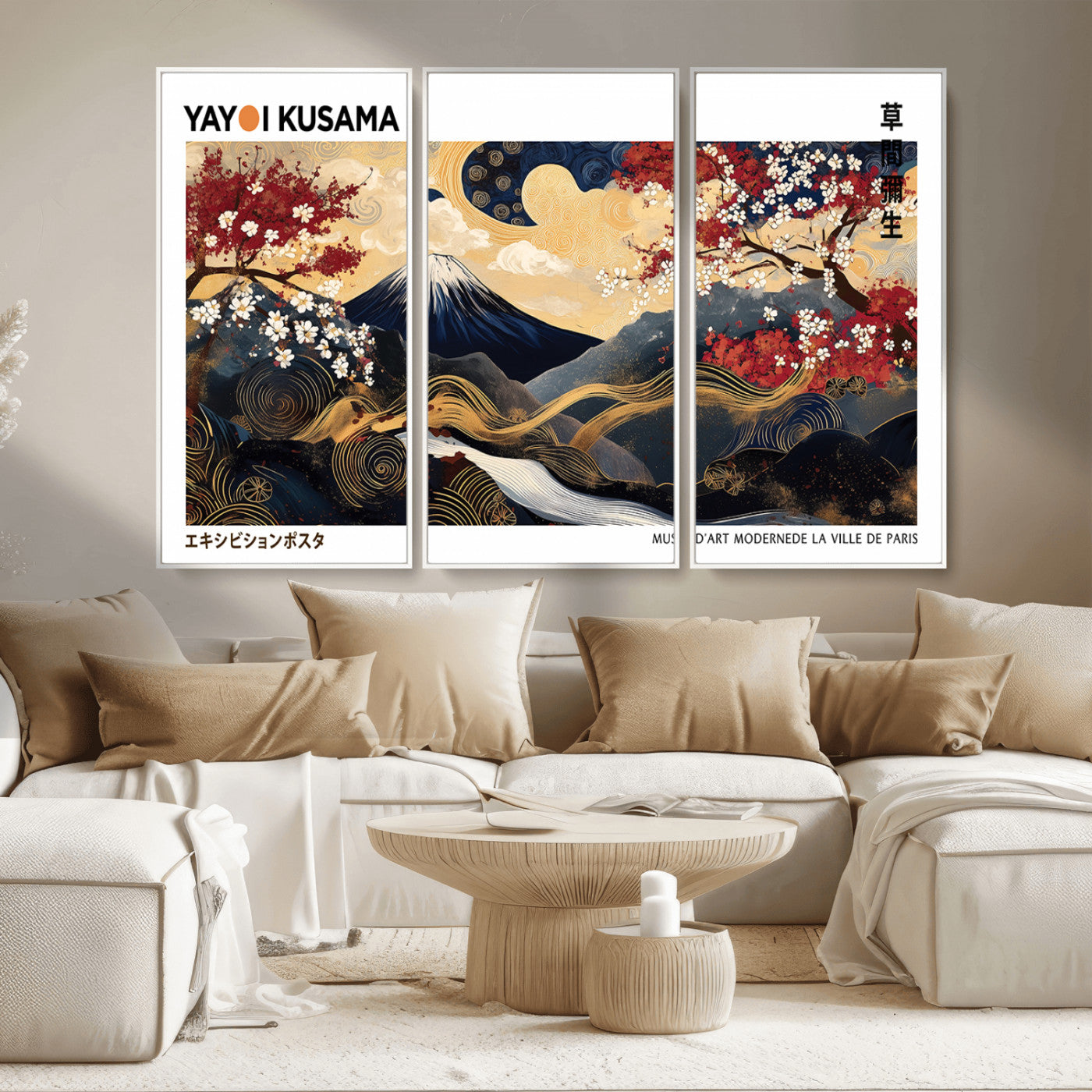 66243961-MGV-CV-36X24-Mount Fuji Japanese Wall Art – Golden Abstract Landscape Canvas Print, Cherry Blossom Painting, Modern Oriental Zen Home Decor