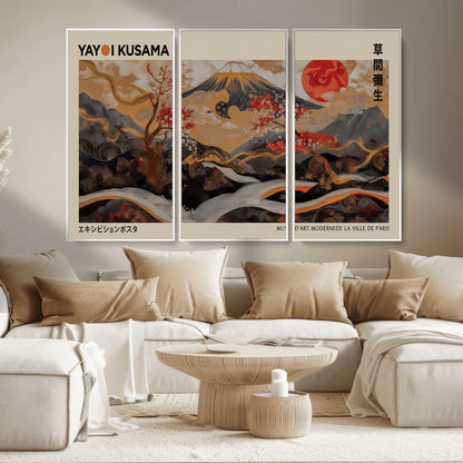 77970791-MGV-CV-36X24-Mount Fuji Golden Abstract Wall Art – Japanese Landscape Canvas Poster, Cherry Blossom & Red Sun Painting, Elegant Zen Oriental