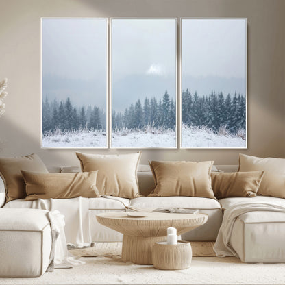 33033082-MGV-CV-36X24-Winter Forest Art Wall Art Canvas Print, Framed Snowy Landscape Art Picture Print, Misty Tree Scene Perfect Nordic Minimalist