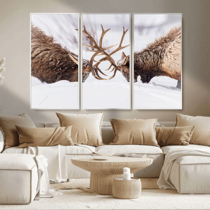 36507609-MGV-CV-36X24-Elk Clash Scene Wall Art Canvas Print, Framed Wildlife Strength Decor Art Picture Print, Snowy Forest Elk Perfect Rustic Lodge