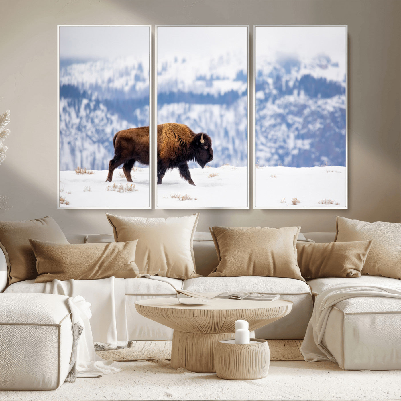 58512275-MGV-CV-36X24-Cowboy Aesthetic Wall Art Canvas Print, Framed Neutral Animal Theme Art Picture Print, Bison Ranch Style Perfect Rustic Western