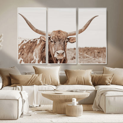 77810049-MGV-CV-36X24-Longhorn Bull Photo Wall Art Canvas Print, Framed Rustic Cow Decor Art Picture Print, Neutral Farmhouse Style Perfect Rustic