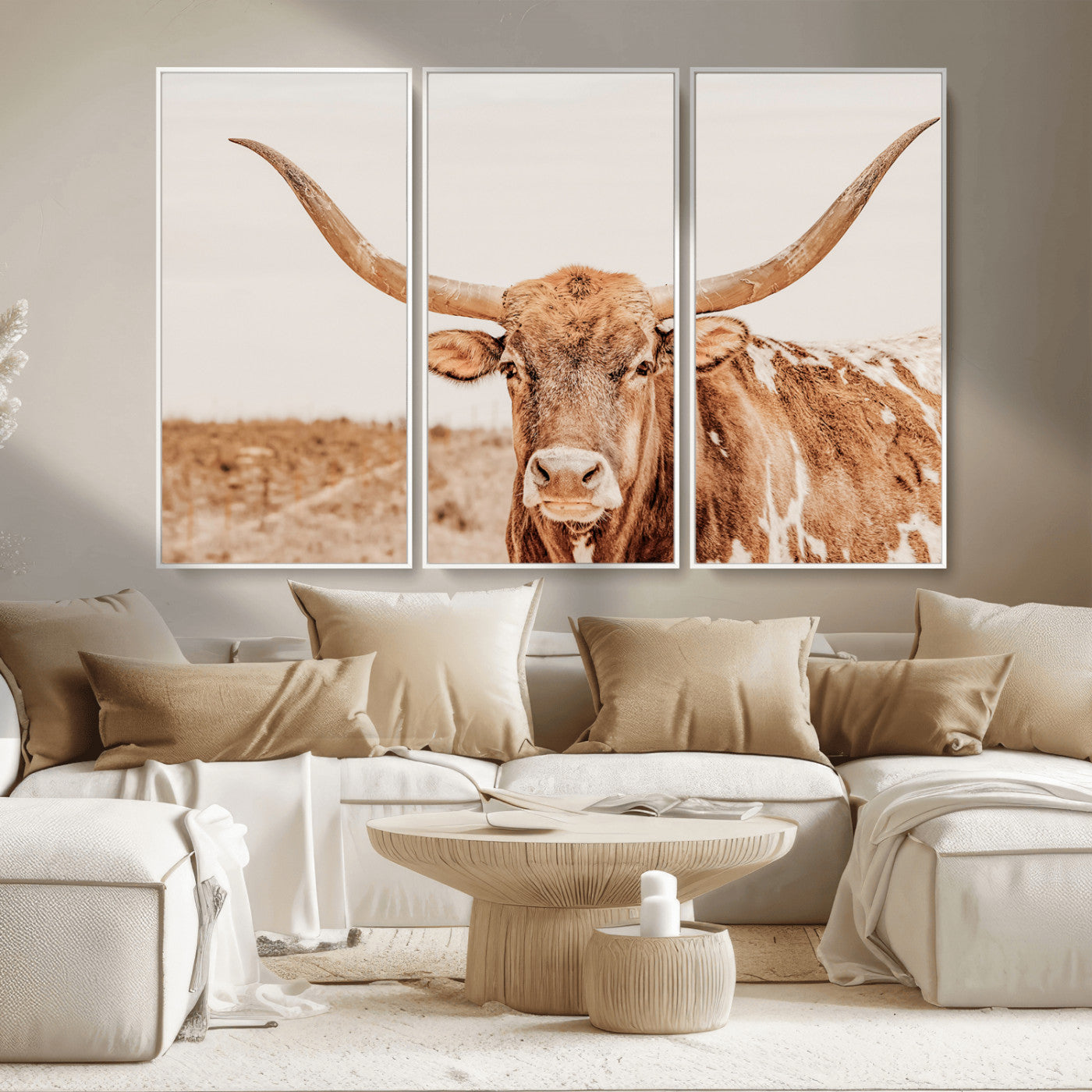 74406977-MGV-CV-36X24-Longhorn Bull Decor Wall Art Canvas Print, Framed Western Cow Theme Art Picture Print, Rustic Farmhouse Wall Perfect Neutral