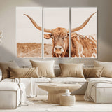 74406977-MGV-CV-36X24-Longhorn Bull Decor Wall Art Canvas Print, Framed Western Cow Theme Art Picture Print, Rustic Farmhouse Wall Perfect Neutral