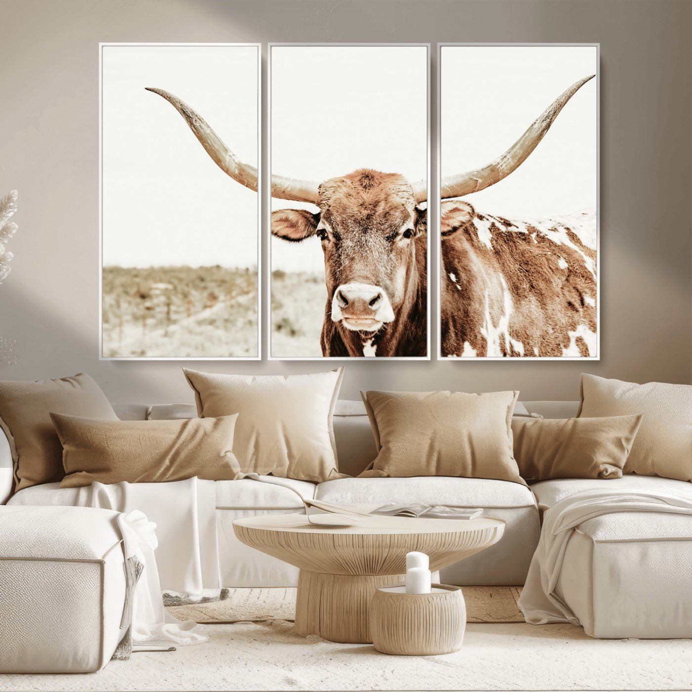98924580-MGV-CV-36X24-Texas Longhorn Bull Wall Art Canvas Print, Framed Rustic Farmhouse Decor Art Picture Print, Western Animal Theme Perfect Rustic