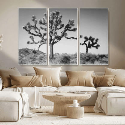 93692513-MGV-FC-48X32-3P_White-Joshua Tree Wall Art Canvas Print, Framed Monochrome Desert Art Picture Print, Minimalist Nature Scene Perfect Southwestern