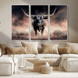 71457818-MGV-FC-48X32-3P_White-Longhorn Wall Art Wall Art Canvas Print, Framed Western Bull Canvas Art Picture Print, Rustic Cow Decor Perfect Western Dramatic