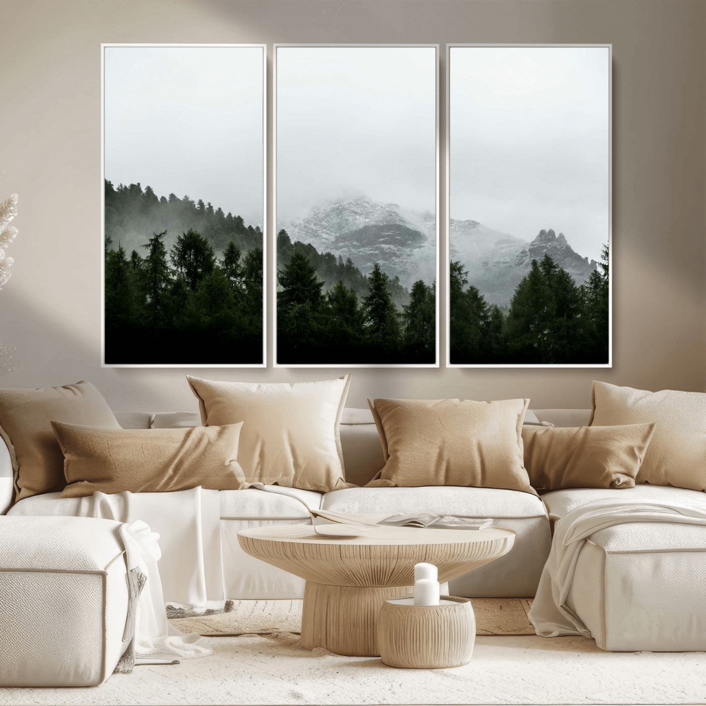 55968349-MGV-CV-36X24-Misty Mountains Wall Art Canvas Print, Framed Foggy Forest Art Picture Print, Snowy Peaks Perfect Moody Wilderness Decor Artwork