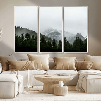 55968349-MGV-CV-36X24-Misty Mountains Wall Art Canvas Print, Framed Foggy Forest Art Picture Print, Snowy Peaks Perfect Moody Wilderness Decor Artwork