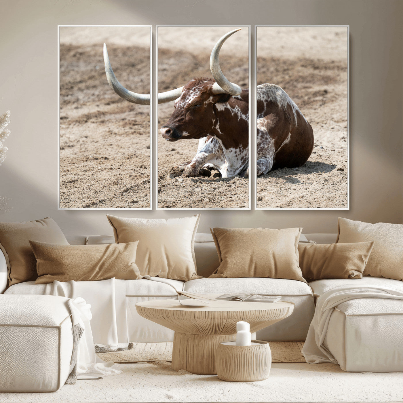 76549210-MGV-CV-36X24-Texas Longhorn Wall Art Canvas Print, Framed Country Living Art Picture Print, Farmhouse Aesthetic Perfect Western Rustic Decor