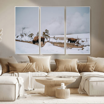 60308289-MGV-CV-36X24-Bison Wildlife Wall Art Canvas Print, Framed Snowy Prairie Art Picture Print, Western Landscape Perfect Rustic Winter Decor