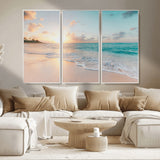94538225-MGV-FC-48X32-3P_White-Beach Sunset Wall Art Canvas Print, Framed Ocean Waves Art Picture Print, Summer Escape Perfect Coastal Serenity Decor Artwork