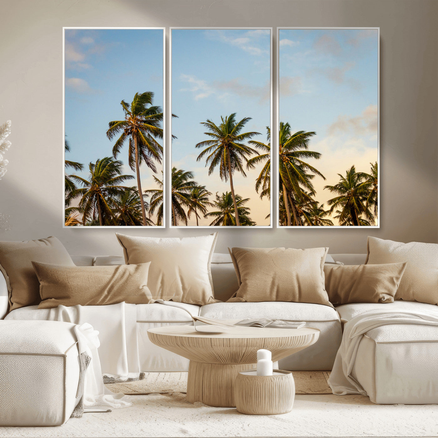 99033771-MGV-FC-48X32-3P_White-Palm Trees Wall Art Canvas Print, Framed Tropical Vibes Art Picture Print, Coastal Sunset Perfect Coastal Boho Decor Artwork