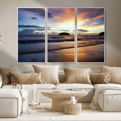 36714356-MGV-FC-48X32-3P_White-Beach Sunset Wall Art Canvas Print, Framed Ocean Waves Art Picture Print, Tropical Seascape Perfect Coastal Serenity Decor Artwork